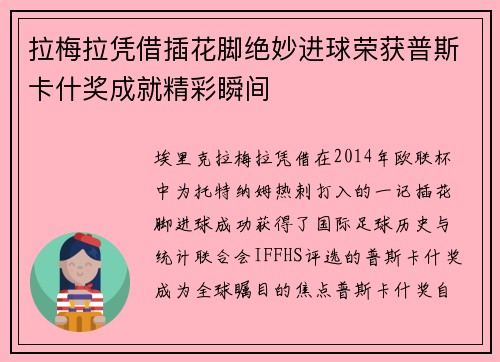 拉梅拉凭借插花脚绝妙进球荣获普斯卡什奖成就精彩瞬间